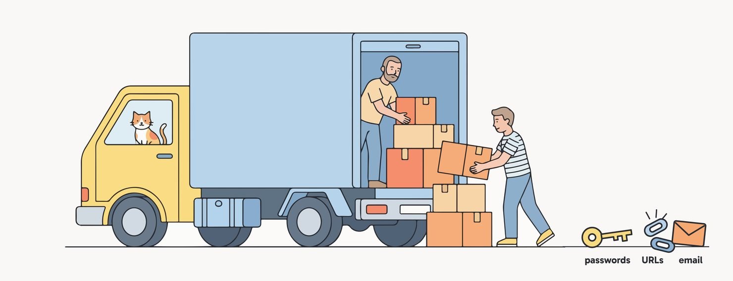Illustration of movers loading a truck for a webshop migration, while passwords, URLs and email are left behind on the pavement.
