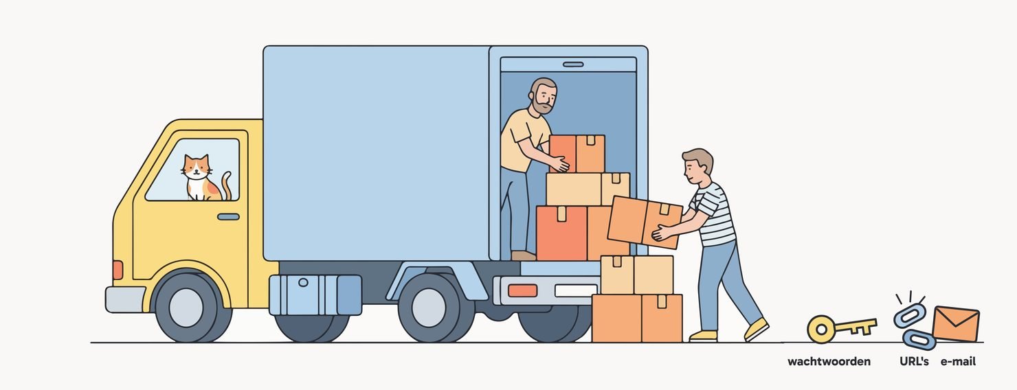 Illustratie van verhuizers die een vrachtwagen inladen voor een webshopmigratie, terwijl wachtwoorden, URL's en e-mail op de stoep achterblijven.